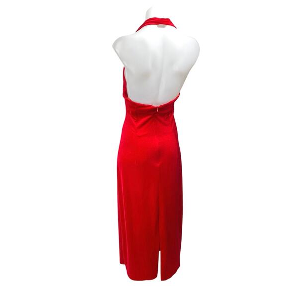 Zara Red Halter Velvet Velour Sleeveless Cowl Neck Open Back Sheath Midi Dress M - Picture 2 of 5